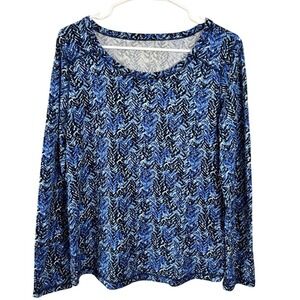 T by Talbots Chevron Print UPF 50 Casual Top Size Medium Long Sleeve Black Blue